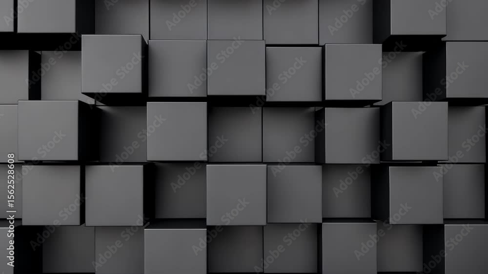 Poster geometric abstraction: a visually striking arrangement of dark gray cubes interlock, creating a text