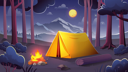 Night camp landscape. Yellow tent near log and fireplace. Hiking and camping, active leisure. Forest near mountain silhouettes. Beautiful natural panorama. Cartoon vector illustration
