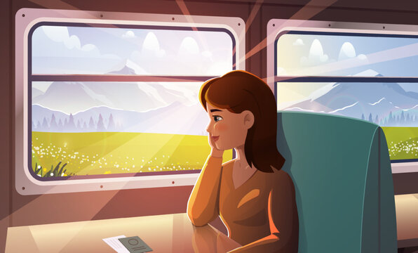 Fototapeta Woman in train. Young girl looks out window at green fields. Traveler and tourist. Journey and travel, trip. Railroad transport. Person inside comfortable cabin. Cartoon vector illustration