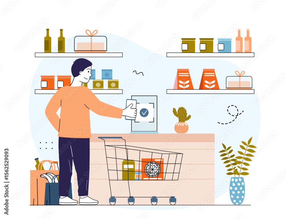 Poster scan to pay system. man with cart pays for groceries at checkout. cashless transfers and transaction