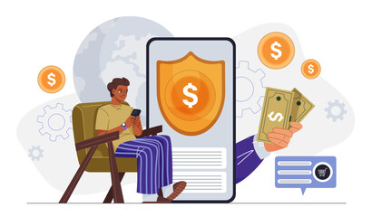 Man received refund. Young guy with smartphone near banknotes and gold coins. Special offers for regular customers. Discounts and promotions. Referral marketing. Flat vector illustration
