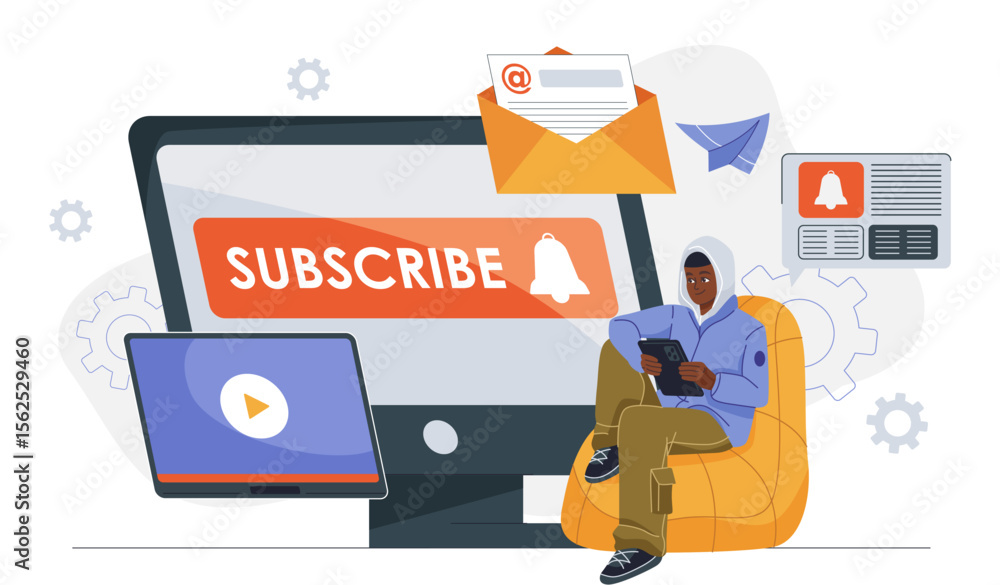 Poster man subscriber concept. young guy sitting near computer monitor with subscribe button. user subscrib