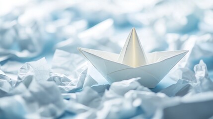 Paper boat amidst crumpled paper