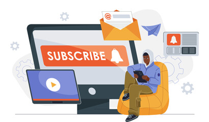 Man subscriber concept. Young guy sitting near computer monitor with subscribe button. User subscribes to blogger. Promotion in social networks. Flat vector illustration