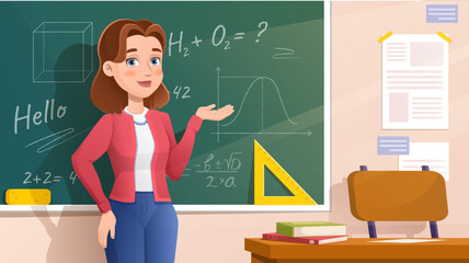Teacher at blackboard. Woman stands near chalkboard with equations. Math lesson in school or university. Education, learning and training. Teacher giving lecture. Cartoon vector illustration