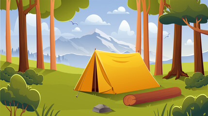 Day camp landscape. Yellow tent in forest. Shelter near trees and bushes. Hiking and camping, trekking. Travel and journey. Beautiful natural panorama. Cartoon vector illustration