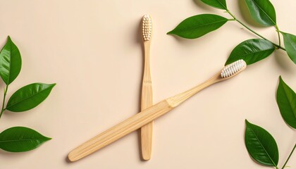 Bamboo Toothbrushes and Green Leaves on Beige Background