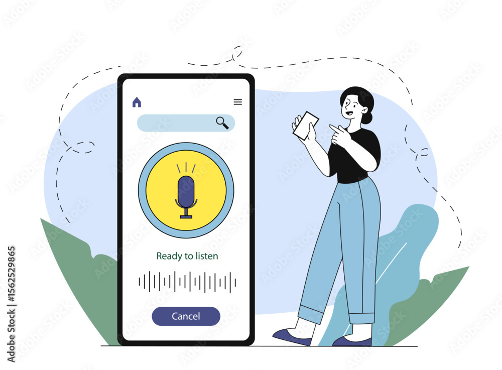 Poster woman use voice search. young girl near smartphone with voice input. communication and interaction. 