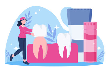 Dentist with veneers. Woman installing dental implants. Medical specialist treats teeth. Dentistry and stomatology. Oral cavity and treatment. Flat vector illustration