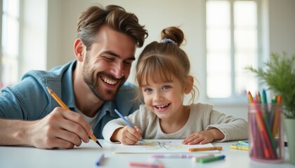 Joyful father and daughter creating art together