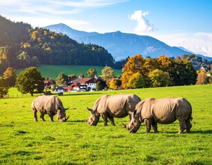 Nash&ouml;rner weiden auf einer Wiese in alpen&auml;hnlicher Umgebung