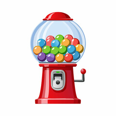 Glass-topped red gumball machine filled with rainbow spheres and a shiny chrome coin slot.
