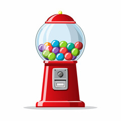 Glass-topped red gumball machine filled with rainbow spheres and a shiny chrome coin slot.
