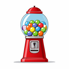 Glass-topped red gumball machine filled with rainbow spheres and a shiny chrome coin slot.
