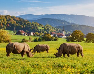 Nash&ouml;rner weiden auf einer Wiese in alpen&auml;hnlicher Umgebung