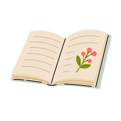 Opened book with botanical stem between pages, peaceful reading scene