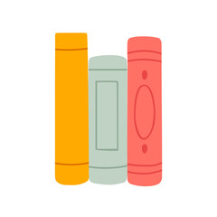 Vertical books on shelf with yellow, green and red covers, isolated on white