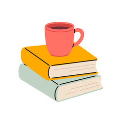 Pink mug placed on a pile of closed books, cozy reading and coffee scene