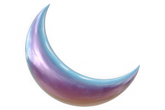 Iridescent crescent moon with pearlescent sheen isolated on transparent background