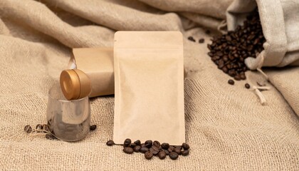Blank Kraft Paper Pouch Mockup with Coffee Beans
