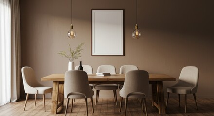 Fototapeta premium Elegant Dining Room: A meticulously crafted dining area presents a symphony of tasteful decor and lighting, providing a harmonious blend of design and functionality.
