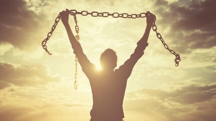 Silhouette of a person holding chains aloft at sunset