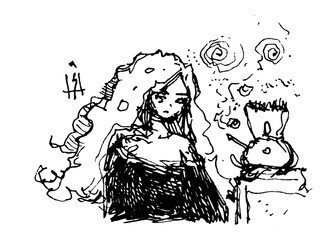 Vector sketch of a mysterious woman with wild, curly hair next to a whimsical, one-eyed creature. Hand-drawn, monochromatic, and ethereal, with abstract swirling elements.