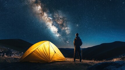 Man gazing at night sky near tent