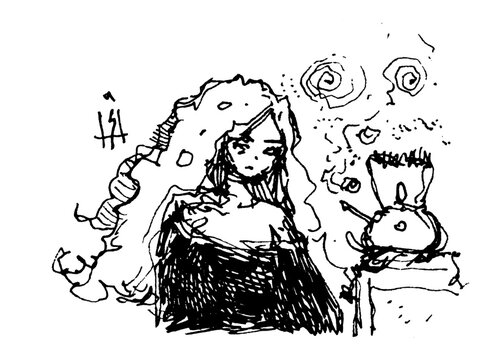 Vector sketch of a mysterious woman with wild, curly hair next to a whimsical, one-eyed creature. Hand-drawn, monochromatic, and ethereal, with abstract swirling elements.