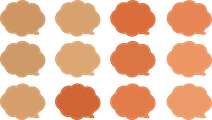 A 12-color speech bubble set with an autumn theme and white dashed lines inside each bubble. .All the bubbles have a distinctive, rounded, cloud-like, or scalloped edge design. 