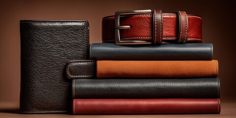 Stacked brown, black, and tan leather wallets with a matching stitched brown belt on brown background

