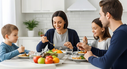 Family eating a healthy meal around the table, lifestyle scene
