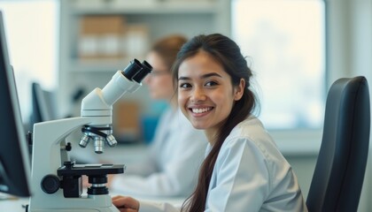 Smiling female scientist working with a microscope
