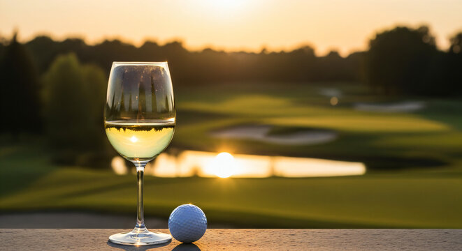 Glass of white wine next to a golf ball placed on a concrete surface with a golf course in the background. The scene is set during sunset, with a warm glow reflecting on the water and greenery.