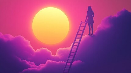 Silhouette woman on ladder reaching sun