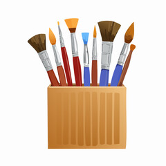 Box-style holder filled with upright paintbrushes of varying size and type, some stained with dried pigment.
