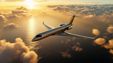 A modern travel airplane soars high above the Ocean. The sun casts a golden light over the clouds, while below the vast ocean stretches to the horizon. Copy space, 16x9