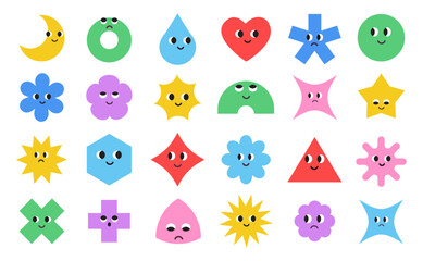 Cute colorful basic Geometric Figures with face emotions. Set of different shapes moon, heart, drop, flower, star, rhombus, hexagon etc. Funny characters. Trendy vector illustration for kids