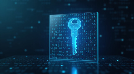 A cryptographic key glowing inside a transparent shield, surrounded by binary code