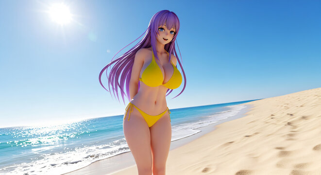 Anime-style character with long purple hair, wearing a yellow bikini, standing on a sandy beach. The ocean and clear blue sky are visible in the background, with the sun shining brightly.
