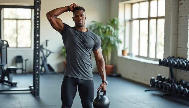 Muscular man lifting kettlebell in modern gym - Powered by Adobe