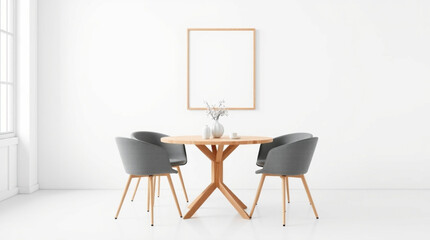 Round wooden dining table with four gray chairs in a minimalist white room with a framed picture on the wall created with generated ai