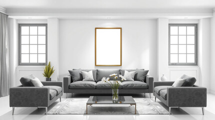 Interior of a living room with gray sofas, a coffee table, and a blank picture frame on the wall created with generated ai