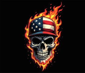 Fototapeta premium Vector t-shirt design with burning human skull with usa flag baseball cap on black background. Fashionable american print for fabric, paper, men clothing, hoodie, jacket. T shirt template.