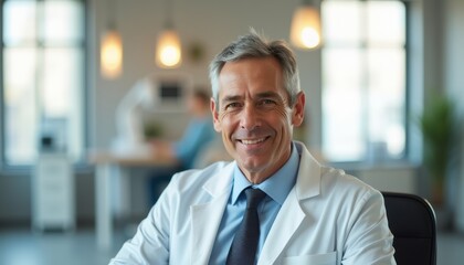Fototapeta premium Confident doctor smiling warmly in a modern clinic