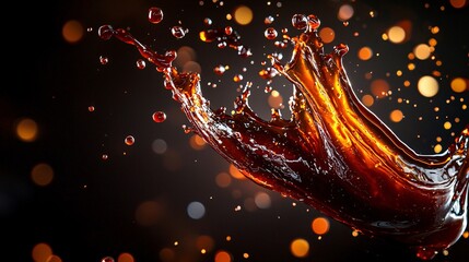 Barbecue sauce and soy sauce swirling in mid-air, with dark, glossy textures creating a vibrant splash against a dark background