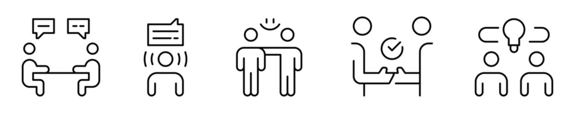 Conjunto de iconos de comunicaci&oacute;n interpersonal. Interacci&oacute;n humana. Dialogo directo. atenci&oacute;n personal, apoyo afectivo, intercambio de ideas. Ilustraci&oacute;n vectorial 