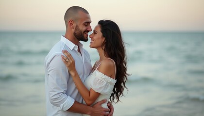 Romantic couple embracing on the beach at sunset