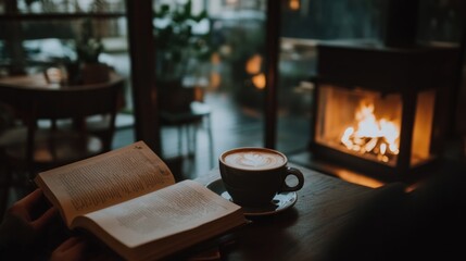 Cozy cafe scene with book and coffee