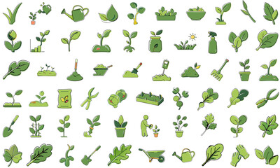 Obraz premium Micro greenery plant leafs and gardening tools icon set in hand drawn style for modern agricultural practices, promoting eco-friendly growth and sustainable development values